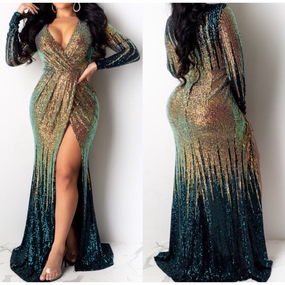 Sequin Maxi Gown - Gold/Blue